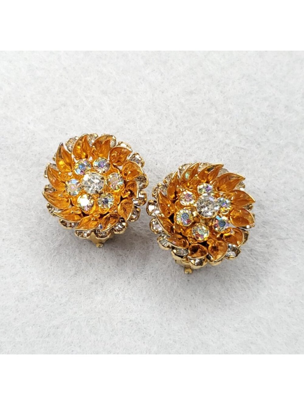 Vintage Rhinestone Earrings Gold Tone Sparkle AB Statement 7/8"